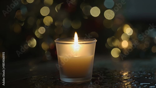 Warm amber candle in a glass votive on a dark wooden table with soft bokeh lights