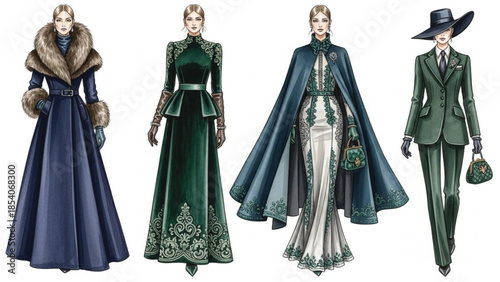 Elegant Vintage Winter Fashion Illustration Set of Women in Luxury Green and Blue Dresses Coats and Classic Outfits