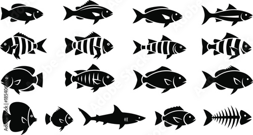 Black fish silhouette icon set, marine animal symbols collection, seafood logo design elements, aquatic wildlife vector illustrations pack