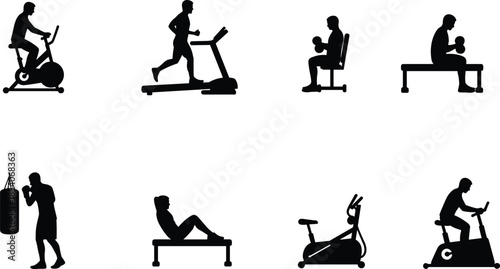 Gym workout silhouettes set, fitness equipment exercises, cardio strength training, weight lifting, boxing, healthy lifestyle, vector illustration isolated white background
