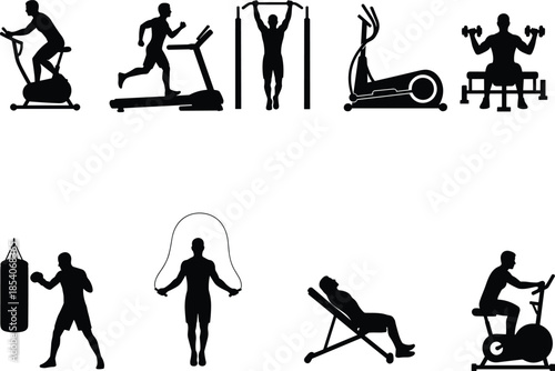 Gym workout silhouettes set, fitness equipment exercises, cardio strength training, bodybuilding activities, healthy lifestyle, vector illustration isolated white background