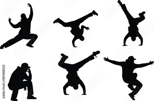 Breakdance silhouettes collection, hip hop dancers performing acrobatic moves, street dance energy, urban culture, motion, freedom, creativity