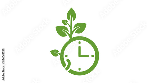 Green Clock with Growing Leaves Icon Symbolizing Sustainable Time Management on Isolated White Background