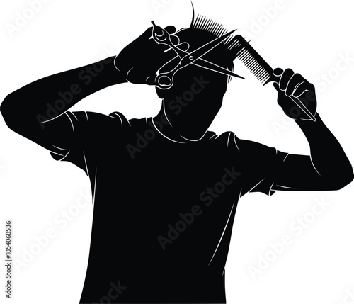 Hairdresser holding scissors and comb making haircut for client on transparent background