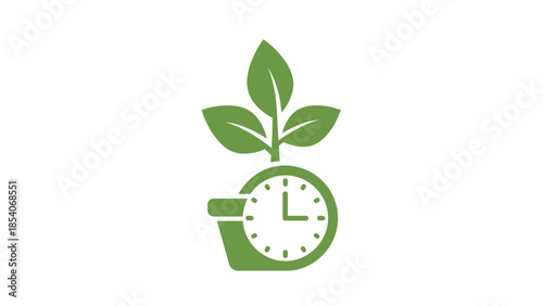 Green Plant Growing from Clock Icon Sustainable Growth Time Management Concept isolated white background