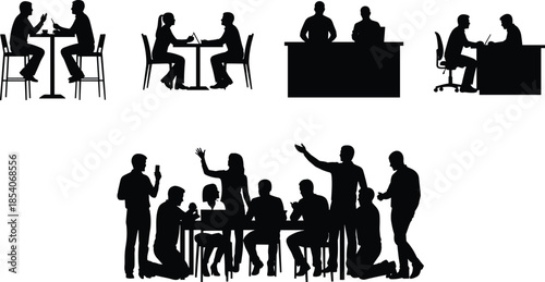 Business meeting silhouettes collection, office discussion teamwork collaboration interviews networking, professional workplace communication scenes, black figures isolated on white