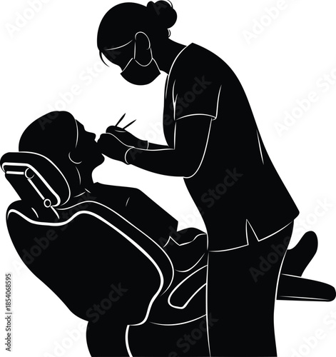 Dentist examining patient in dental chair with tools on transparent background