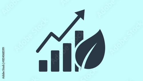 Bar Chart with Upward Arrow and Leaf for Ecological Growth on Light Blue Background