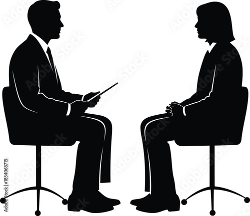 Two business professionals in silhouette having a serious discussion or interview on a transparent background