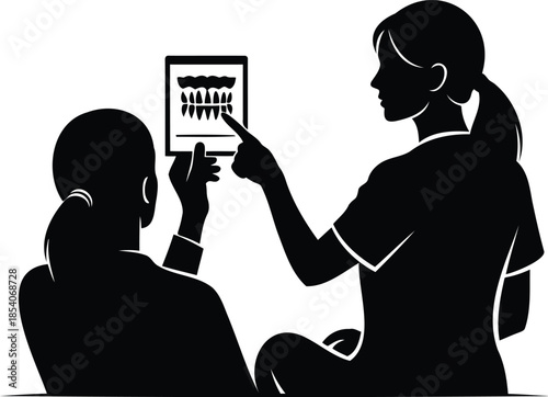 Dental professional explaining an x-ray to a patient, highlighting dental care and oral health on transparent background