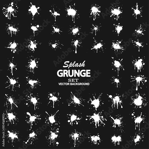 Grunge ink splatter. Splash of paints, spray drops staining and frame with wet paint drop traces  set. Illustration splash and drip design, silhouette blob spray big collection. 