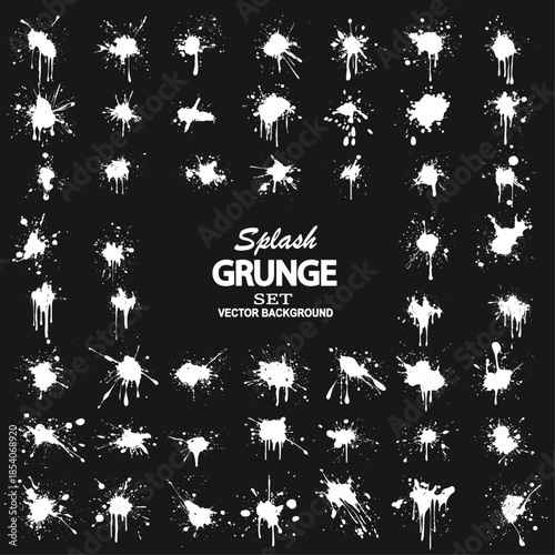 Grunge ink splatter. Splash of paints, spray drops staining and frame with wet paint drop traces  set. Illustration splash and drip design, silhouette blob spray collection. 