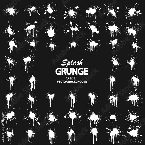 Grunge ink splatter. Splash of paints, spray drops staining and frame with wet paint drop traces  set. Illustration splash and drip design, silhouette blob spray collection. Vector