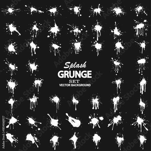 Grunge ink splatter. Splash of paints, spray drops staining and frame with wet paint drop traces  set. Illustration splash and drip design, silhouette blob spray collection. 