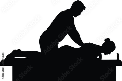 Man giving back massage to woman on a massage table silhouette on transparent background