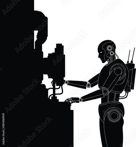 Side view silhouette of a robot working at a machine, highlighting automation and futuristic technology