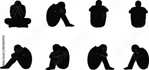 Human depression silhouette set showing sad lonely people sitting and hugging knees isolated on white background illustration mental health concept