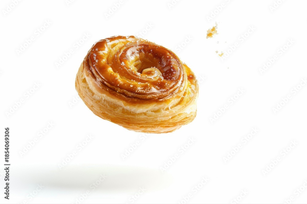 Fototapeta premium Golden Flaky Sweet Pastry Roll Floating with Sugar Glaze on White on transparent background