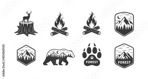 Collection of vintage outdoor adventure emblems and icons with forest themes