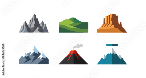 Collection of stylized mountain and landscape illustrations in flat design style