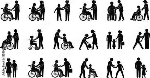 Caregiver assistance silhouettes collection, helping disabled elderly children wheelchair support, family social care activities, black figures isolated on white