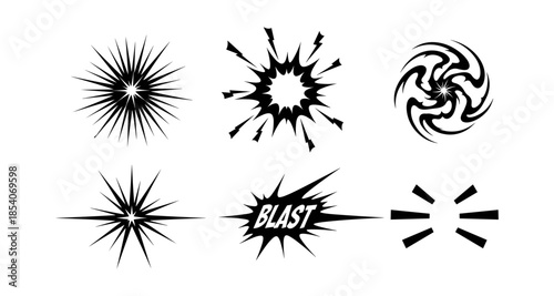 Collection of black comic book style explosion and starburst graphic elements