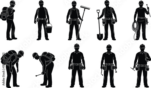 Construction worker silhouettes collection, builders with tools, industrial labor poses, safety helmets, professional workforce, engineering jobs, black vector set