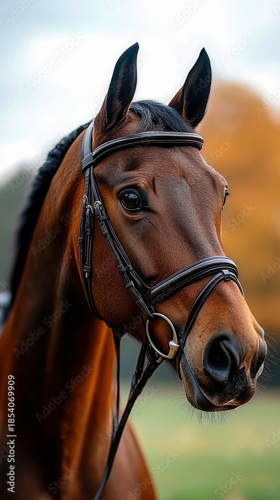Obraz premium Majestic portrait of handsome brown bay horse wearing ornate leather bridle, captured outdoors with sharp focus on its expressive eye and detailed features against soft autumn foliage.