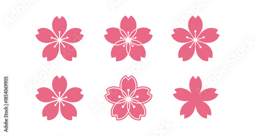 Collection of pink cherry blossom icons on a white background