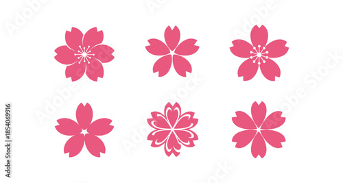 Collection of stylized pink cherry blossom icons on a white background