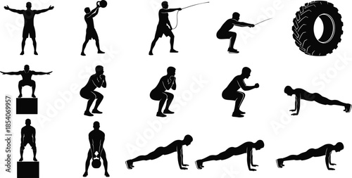 Cross training fitness silhouettes collection, functional workout exercises, kettlebell rope tire drills, strength conditioning, gym training, black vector set