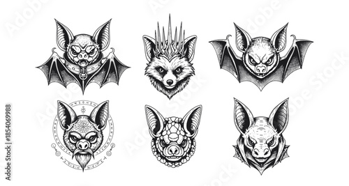 Collection of six detailed black and white illustrations of mythical creatures and animals