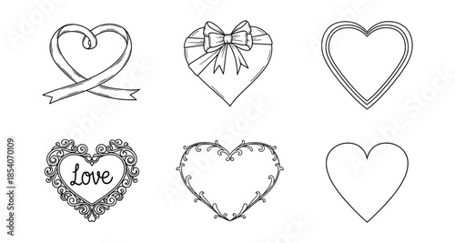 Collection of six hand-drawn heart shapes with decorative elements and a love inscription