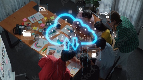 Schilderij op canvas A vibrant office scene displaying a collaborative team engaged in a meeting, enhanced by a digital cloud concept representing data sharing and innovative solutions