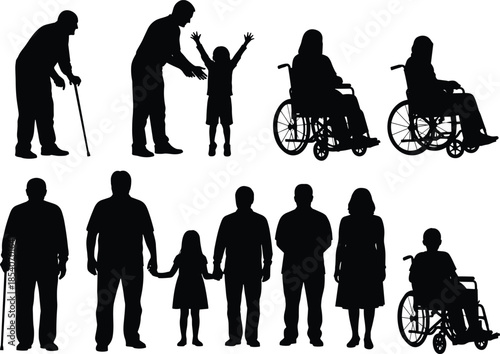Family and disability silhouettes set, elderly adult child wheelchair people, generations together support care concept, black vector illustration