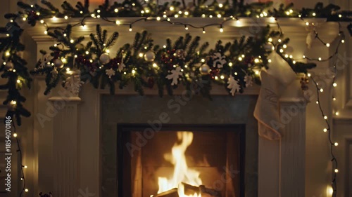 Cozy Fireplace Scene Illuminated by Warm Fairy Lights and Festive Greenery