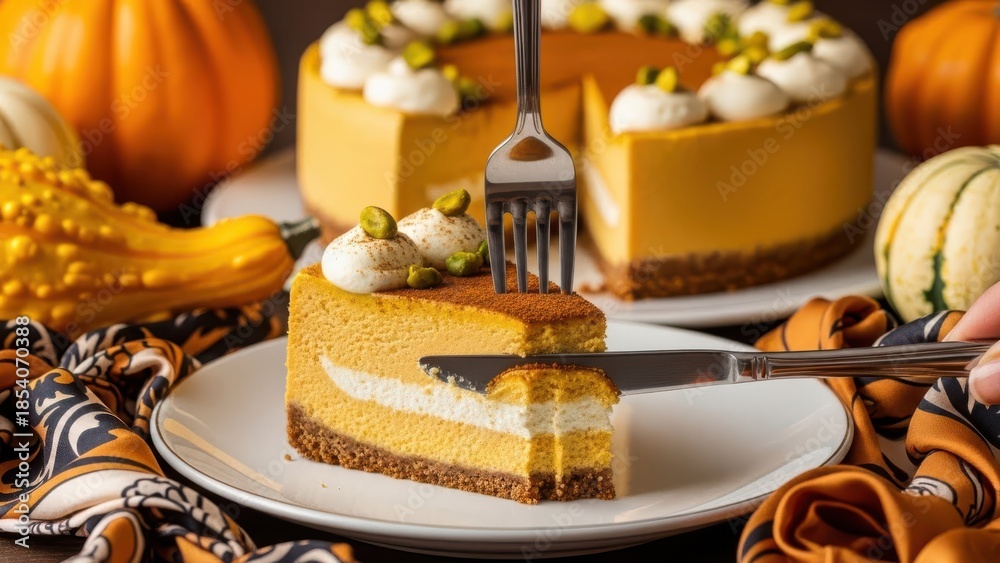 Naklejka premium Slice of pumpkin cheesecake being served with a fork and knife, surrounded by whole pumpkin cheesecakes and decorative gourds for a festive autumn dessert setting