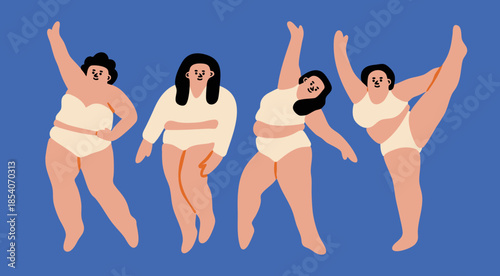 Curvy, chubby Ladies set. Cute characters. Happy, gracefully, joyful women in white top and panties. Hand drawn Vector illustration. Isolated design elements. Dance, confidence, fitness concept