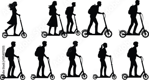 Electric scooter rider silhouettes set, men and women commuting on e scooter, urban mobility, modern transportation vector icons