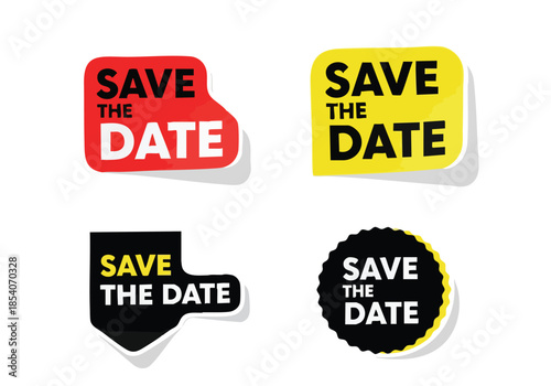 A collection of distinct 'Save the Date' adhesive labels presented on a clean white background for event announcement design