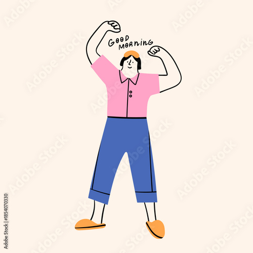 Cute standing person in pajamas doing stretching. Cartoon style character. Hand drawn trendy Vector illustration. Morning, wake up routine, new day concept. Sticker, logo, icon, design template