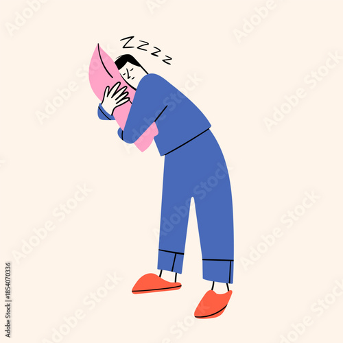 Cute standing sleepy person in pajamas hugging pillow. Cartoon style character. Hand drawn trendy Vector illustration. Morning, wake up routine concept. Sticker, logo, icon, design template