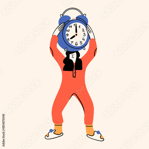 Cute standing person in pajamas holding giant alarm clock. Cartoon style character. Hand drawn trendy Vector illustration. Morning, wake up routine concept. Sticker, logo, icon, design template
