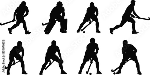 Field hockey player silhouettes collection, athletes dribbling passing shooting ball, competitive team sport action, black figures isolated on white