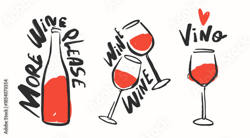 Glasses and bottle of Wine. Hand drawn Vector illustration. Retro, vintage minimal style. Poster, print, home decoration, menu cover for wine bar, invitation, design template. Wine party concept