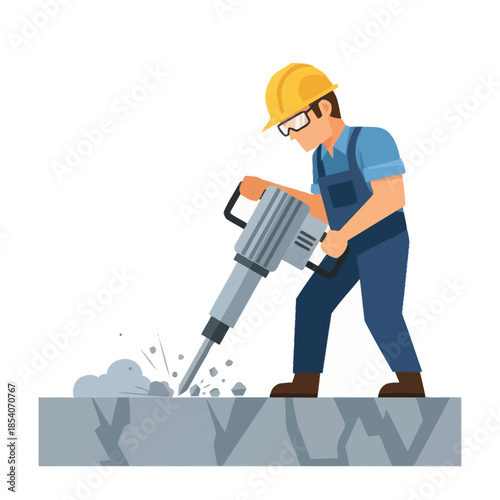 Construction worker with safety gear operating a power drill on a cracked concrete surface for