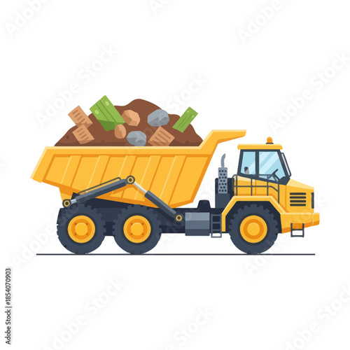 Heavy-duty industrial dump truck transporting a load of recycled waste materials for construction