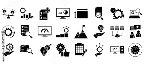 Benchmarking icon collection set. Containing comparison,performance,standards,metrics,measurement,analysis,efficiency,evaluation,productivity,assessment icon. Simple line vector. EPS 10
