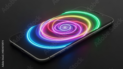 Smartphone displaying vibrant neon swirls on a dark background