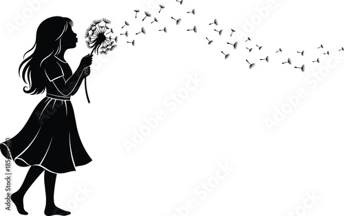 Girl blowing dandelion silhouette illustration, childhood innocence freedom wishes dreams, nature floral seeds flying, black figure isolated on white